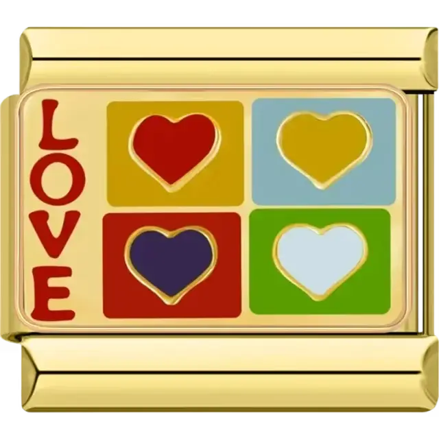 Colorful hearts and love design on gold Italian charm bracelet link