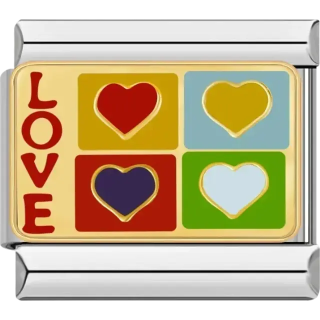 Colorful hearts and love design on gold Italian charm bracelet link