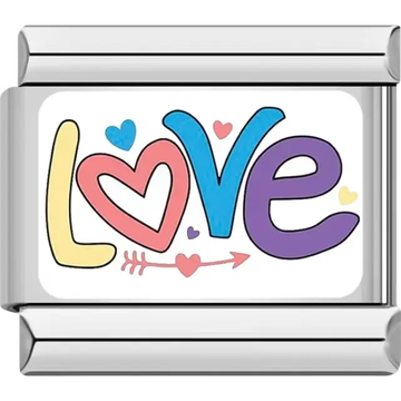 "Love" text in colorful letters with hearts and an arrow accent Italian charm bracelet link