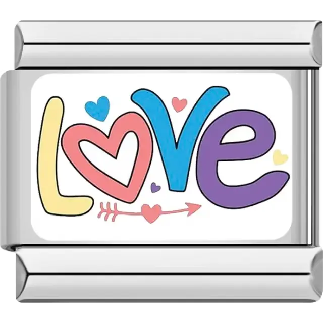 "Love" text in colorful letters with hearts and an arrow accent Italian charm bracelet link