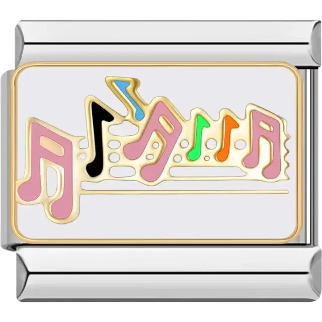 Multicolor musical notes with gold outlines on a white background Italian charm bracelet link