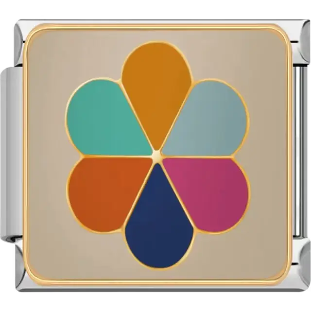 Teal orange pink navy and light blue petal flower pattern with gold outlines Italian charm bracelet link