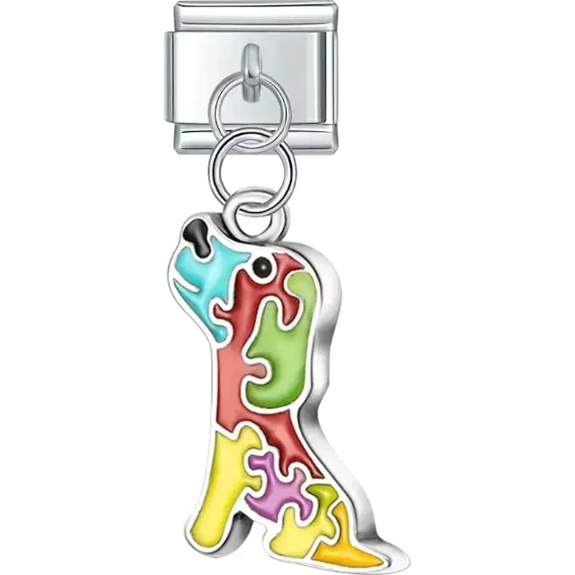 Dog-shaped design with a colorful puzzle pattern dangle Italian charm bracelet link