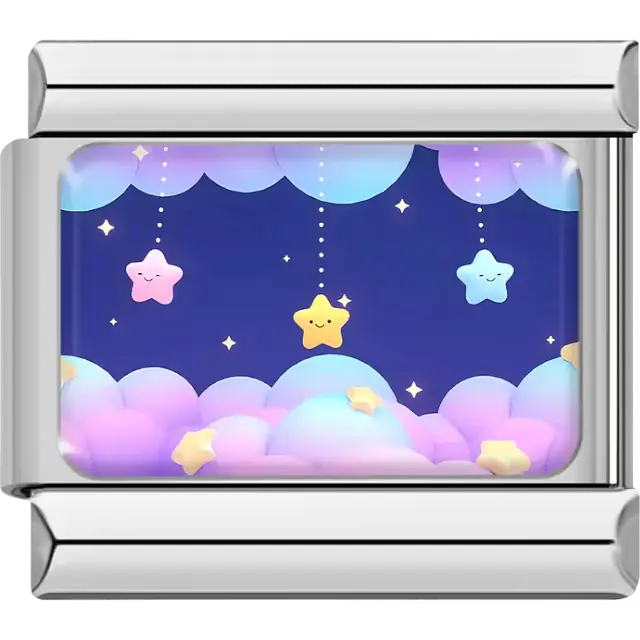 Smiling yellow pink and blue stars on pastel clouds and navy background Italian charm bracelet link