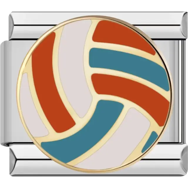 Gold-outlined volleyball with orange blue and white sections Italian charm bracelet link