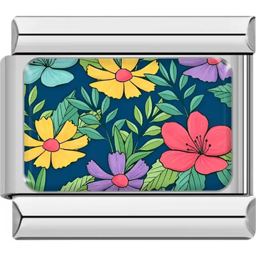 Yellow purple coral and blue flowers with green leaves on navy background Italian charm bracelet link