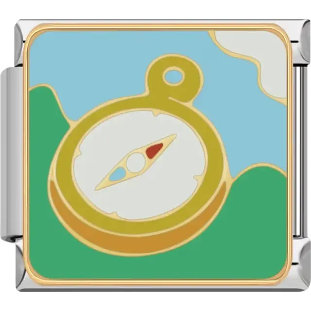 Gold compass with red and blue needle on green hills with a light blue and white background Italian charm bracelet link