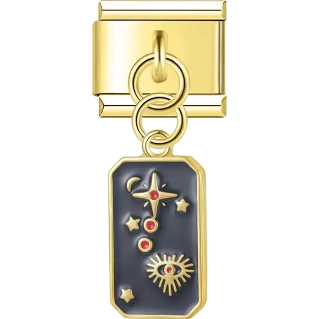 Stars, crescent moon, and sun design with red accents on a black and blue background Italian charm bracelet link