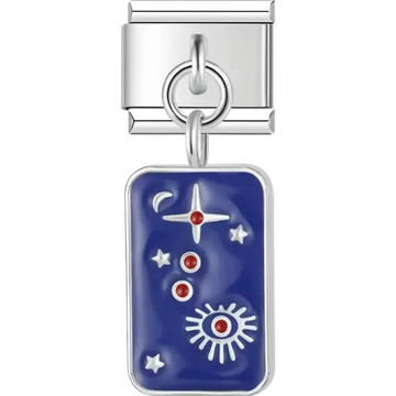 Stars, crescent moon, and sun design with red accents on a black and blue background Italian charm bracelet link