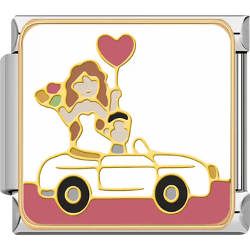 Bride and groom in white convertible car with pink heart balloon Italian charm bracelet link