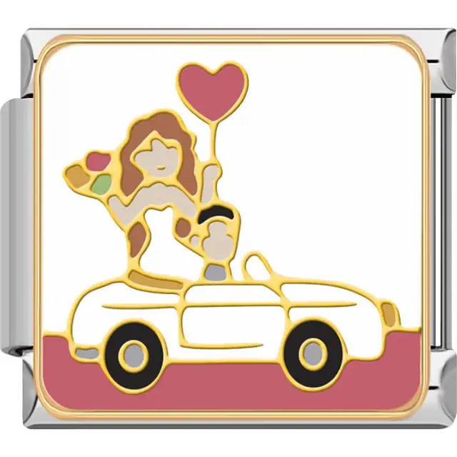 Bride and groom in white convertible car with pink heart balloon Italian charm bracelet link