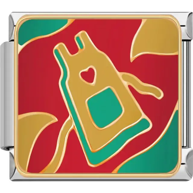 Gold cooking apron with a heart cutout and green pocket on a red background Italian charm bracelet link