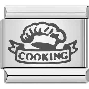 Black "COOKING" text with a chef hat design Italian charm bracelet link