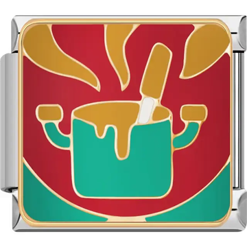 Green cooking pot with gold steam and spatula on red background Italian charm bracelet link