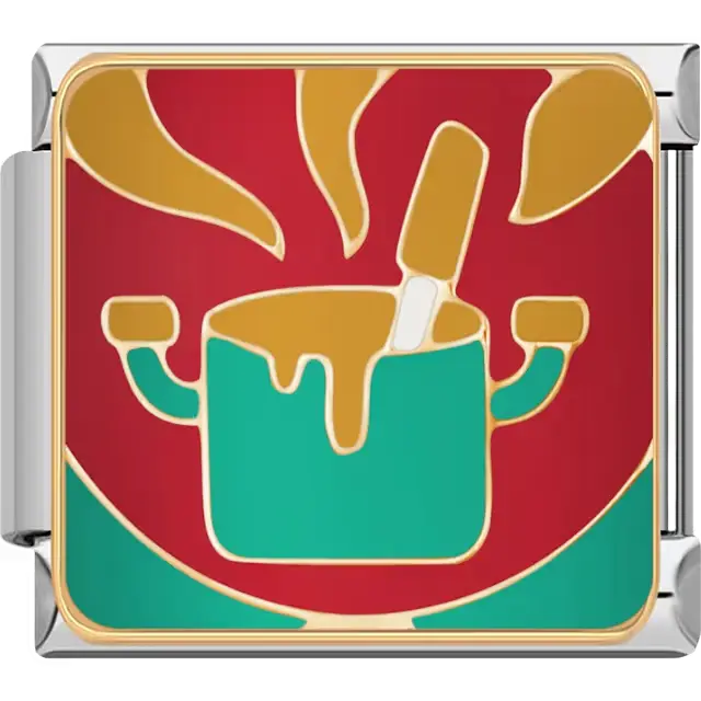 Green cooking pot with gold steam and spatula on red background Italian charm bracelet link