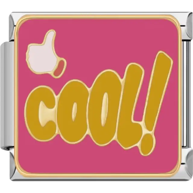 Gold "COOL!" text with a thumbs-up icon on a pink background Italian charm bracelet link