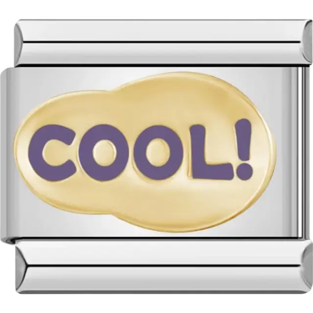 "COOL!" text in bold purple lettering on a gold bubble-shaped background Italian charm bracelet link