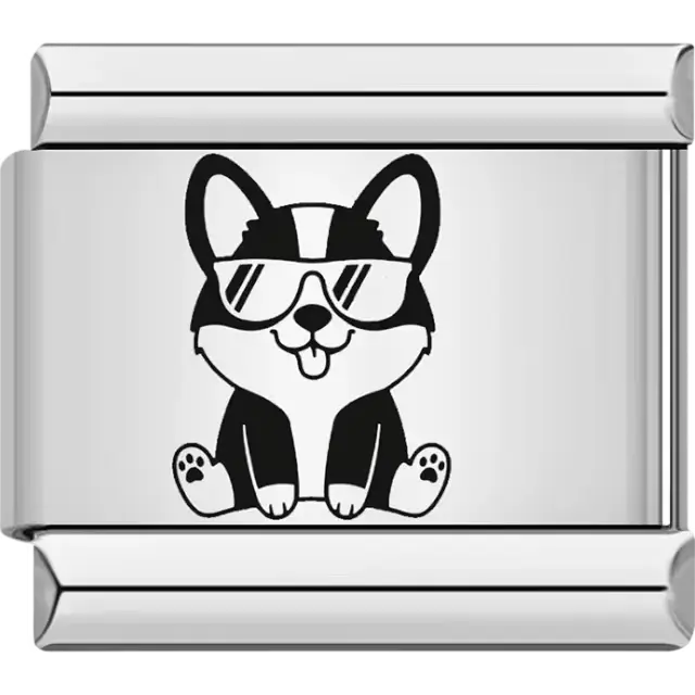 Black and white corgi wearing sunglasses with tongue out Italian charm bracelet link