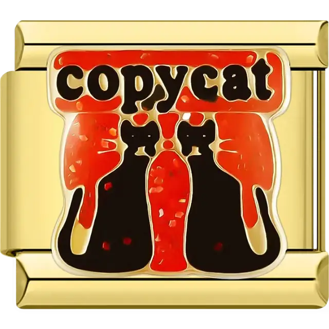 Two black and red cats with glitter accents and "copycat" text Italian charm bracelet link