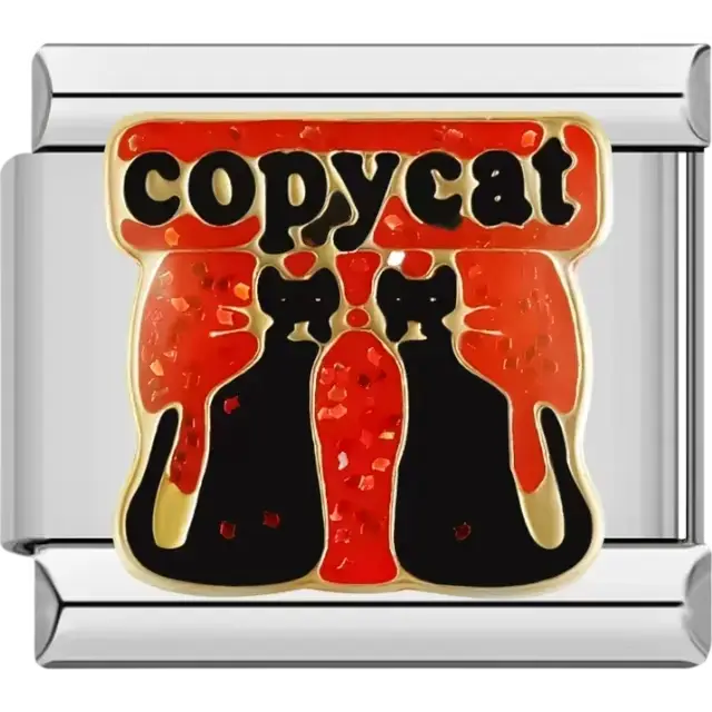 Two black and red cats with glitter accents and "copycat" text Italian charm bracelet link