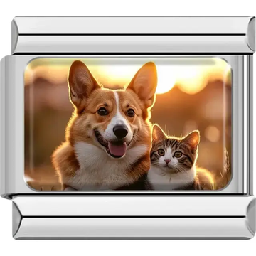 Corgi and kitten together with a golden sunset background Italian charm bracelet link