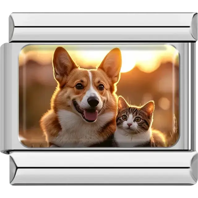 Corgi and kitten together with a golden sunset background Italian charm bracelet link