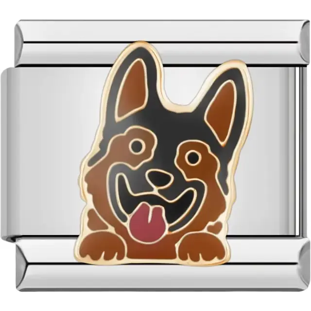 Brown and black corgi design with red tongue on a silver background Italian charm bracelet link
