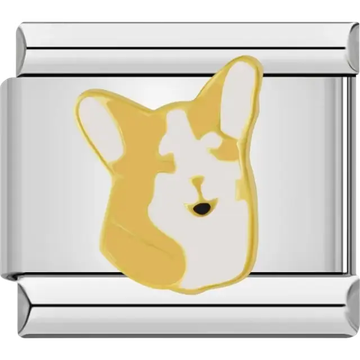 Gold and white corgi face design with playful expression Italian charm bracelet link