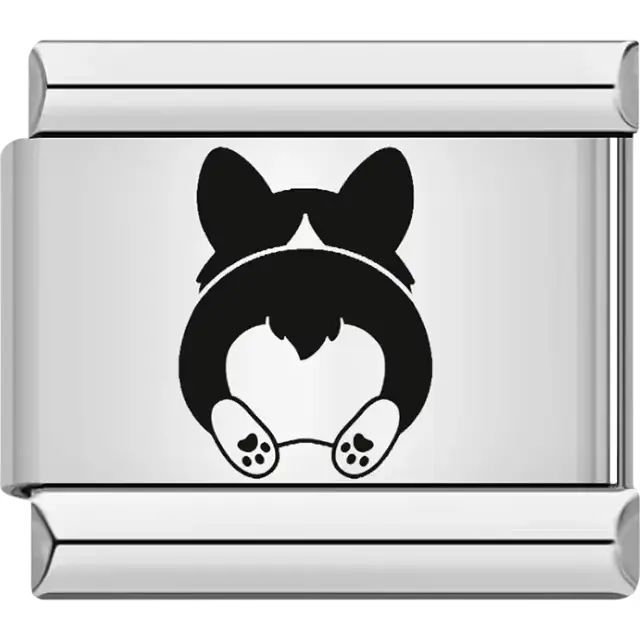 Black and white silhouette of a corgi's rear with paw details Italian charm bracelet link