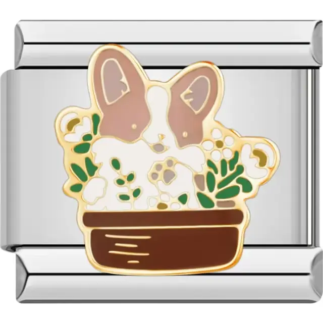 Corgi design surrounded by green succulents in a brown planter Italian charm bracelet link