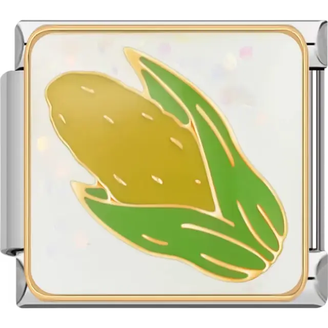 Gold and green corn design on a white background Italian charm bracelet link
