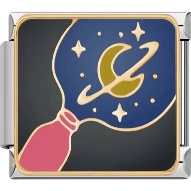 Gold and pink bottle with crescent moon stars and blue sky Italian charm bracelet link