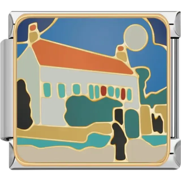 Colorful countryside house with an orange roof blue sky and green trees Italian charm bracelet link