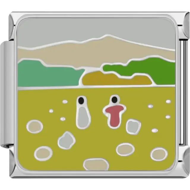 Countryside landscape with mountains green trees and two abstract figures on a golden field Italian charm bracelet link