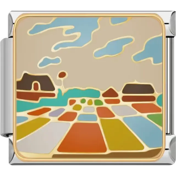 Colorful countryside landscape with fields houses and clouds in shades of blue green orange and beige Italian charm bracelet link