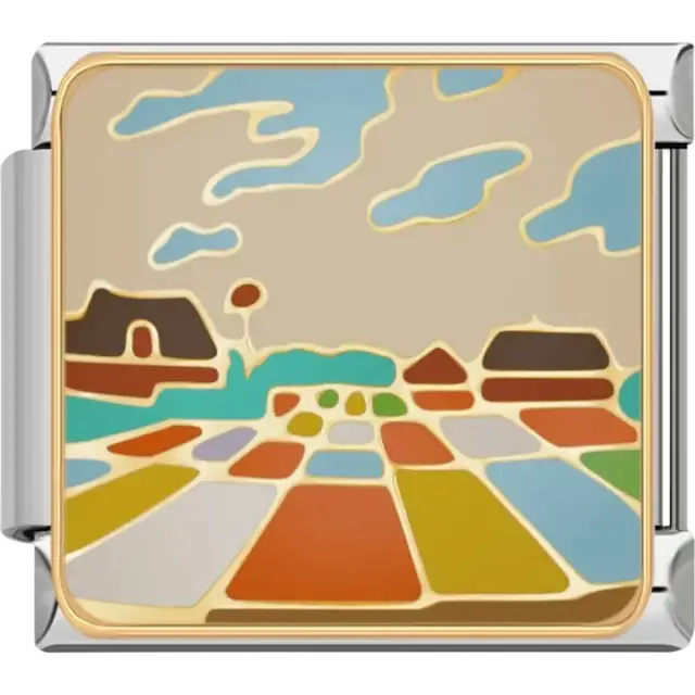 Colorful countryside landscape with fields houses and clouds in shades of blue green orange and beige Italian charm bracelet link