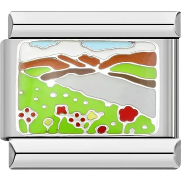 Countryside landscape with green fields brown hills and red flowers under a blue sky Italian charm bracelet link