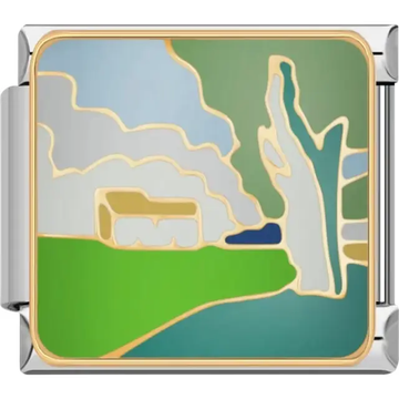 Landscape featuring a green field, white clouds, a beige house, a tree, and a blue sky Italian charm bracelet link