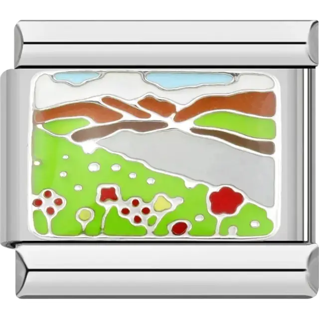Countryside landscape with green fields brown hills and red flowers under a blue sky Italian charm bracelet link
