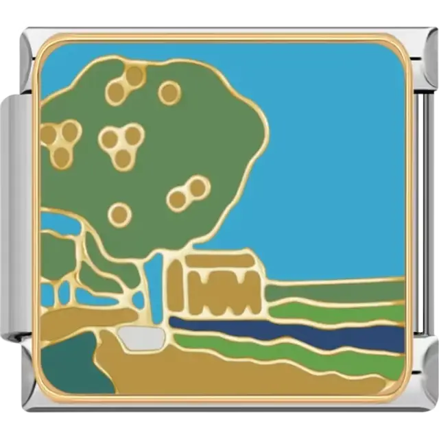 Countryside with a tree, house, fields, and blue sky Italian charm bracelet link