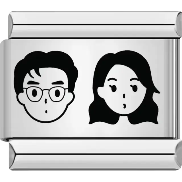 Black outlined male and female faces with surprised expressions Italian charm bracelet link