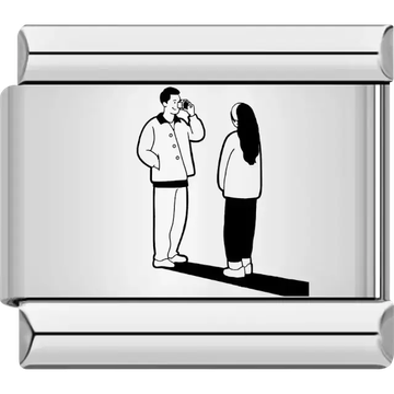 Silhouette of a man holding a camera facing a woman in casual attire Italian charm bracelet link