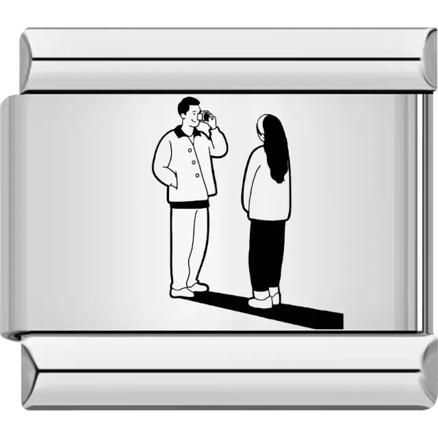 Silhouette of a man holding a camera facing a woman in casual attire Italian charm bracelet link