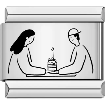 Black outline of a couple sitting at a table with a layered cake and candle Italian charm bracelet link