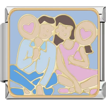 Smiling couple sitting together, each holding a pink heart-shaped balloon, on a light blue background Italian charm bracelet link