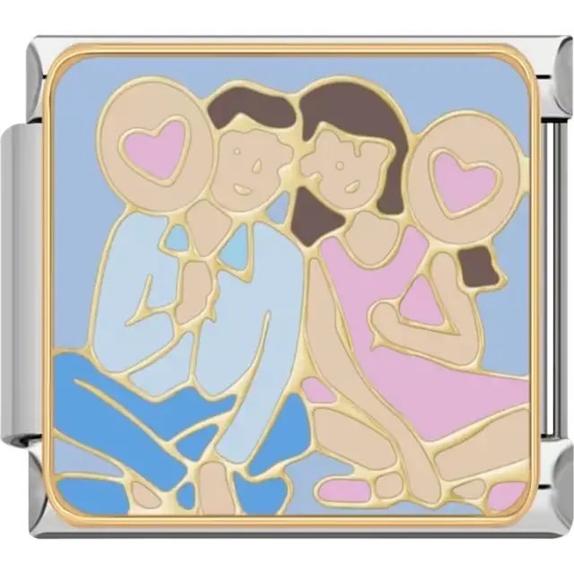 Smiling couple sitting together, each holding a pink heart-shaped balloon, on a light blue background Italian charm bracelet link