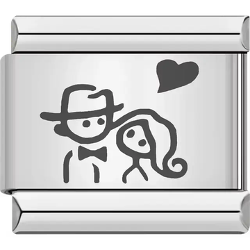 Outline of a man in a hat and bow tie with a woman and a heart Italian charm bracelet link