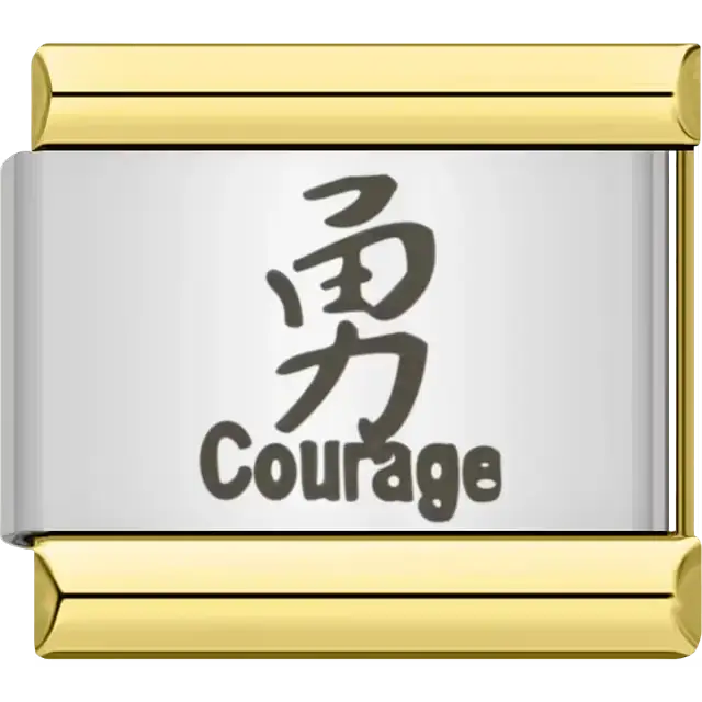Kanji symbol for "Courage" in black with small English text Italian charm bracelet link
