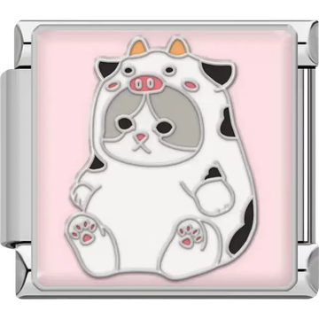 Cat wearing cow pajamas with black spots, orange horns, and pink snout on a soft pink background Italian charm bracelet link