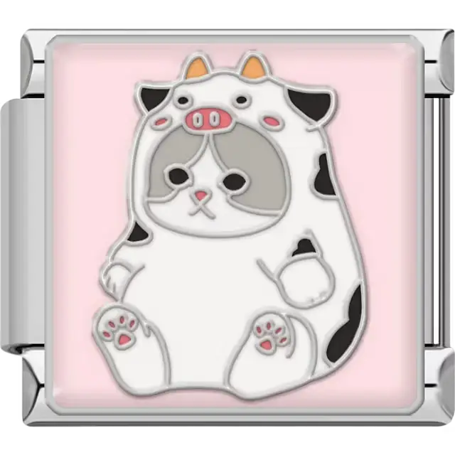 Cat wearing cow pajamas with black spots, orange horns, and pink snout on a soft pink background Italian charm bracelet link